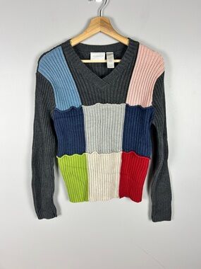 VINTAGE Y2K 2000s Patchwork Ribbed Knit Sweater Medium Multicoloured